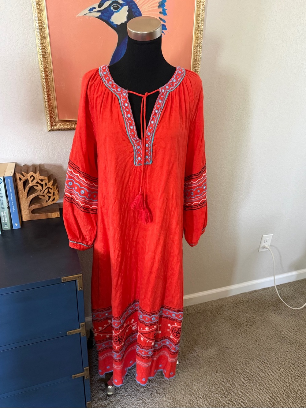 NWOT By Anthropologie Red Embroidered Long Sleeve Midi Dress Medium